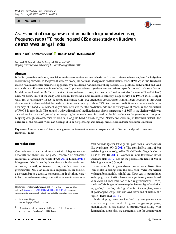 (PDF) Assessment of manganese contamination in groundwater using frequency ratio (FR) modeling