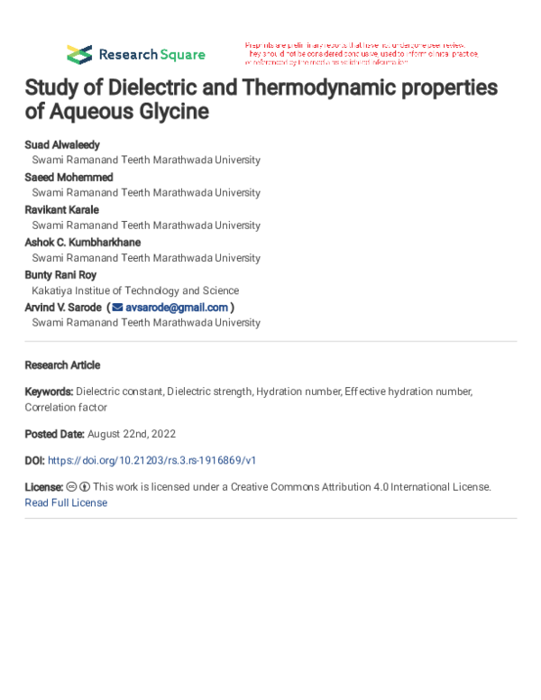 (PDF) Study of Dielectric and Thermodynamic properties of Aqueous Glycine