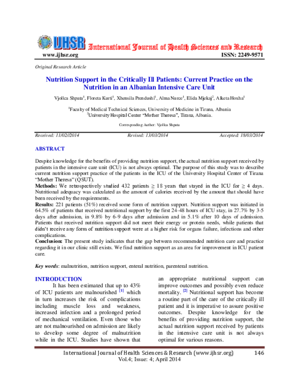 (PDF) Nutrition Support in the Critically Ill Patients: Current ...