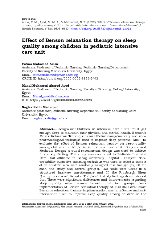 (PDF) Effect of Benson relaxation therapy on sleep quality among ...