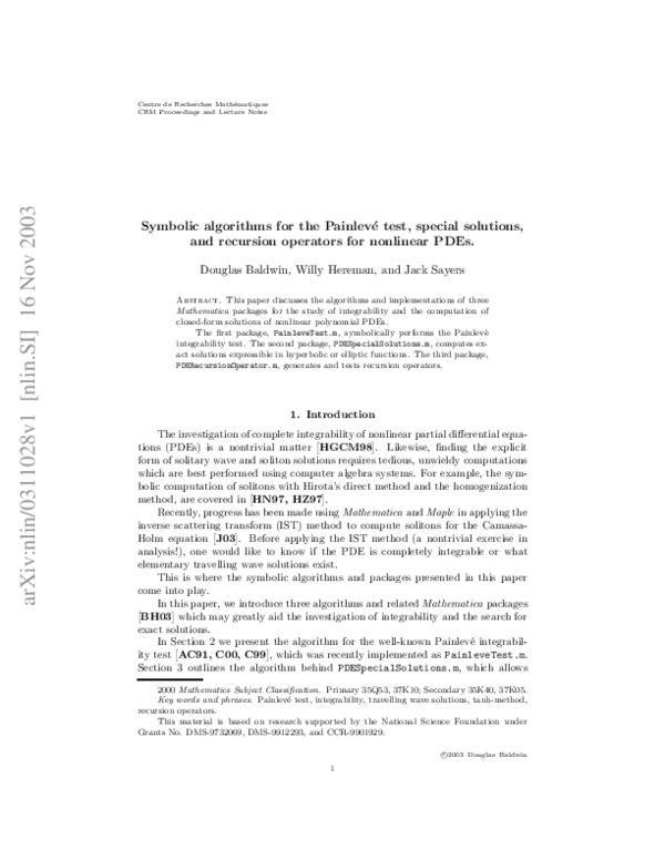(PDF) Symbolic algorithms for the Painlevé test, special solutions, and ...