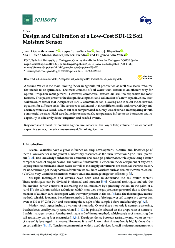 (PDF) Design and Calibration of a Low-Cost SDI-12 Soil Moisture Sensor