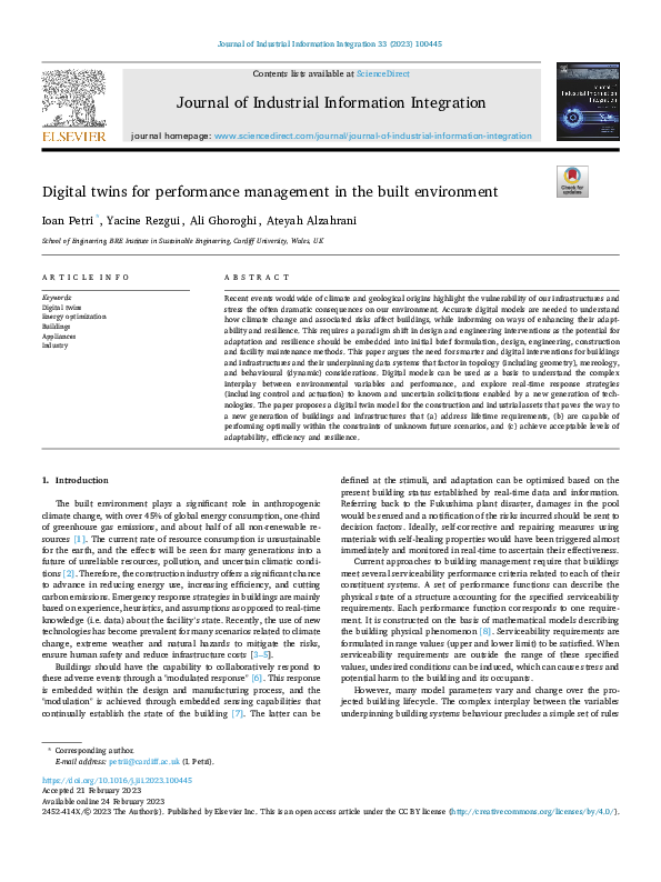 (PDF) Digital twins for performance management in the built environment