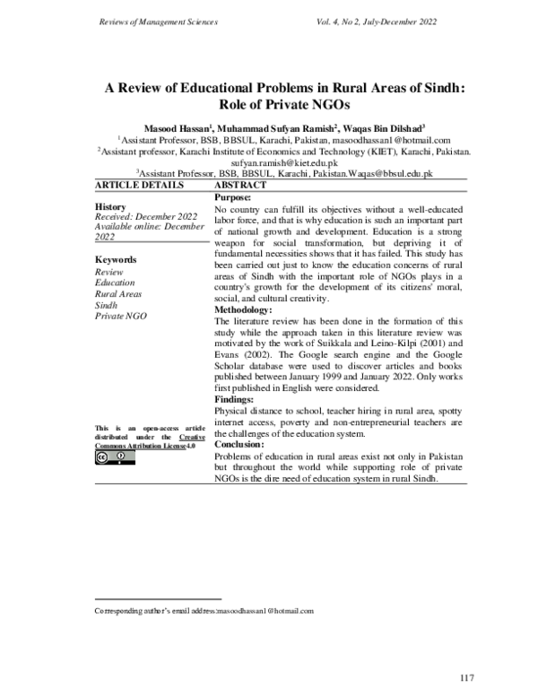 (PDF) A REVIEW OF EDUCATIONAL PROBLEMS IN RURAL AREAS OF SINDH WITH ...