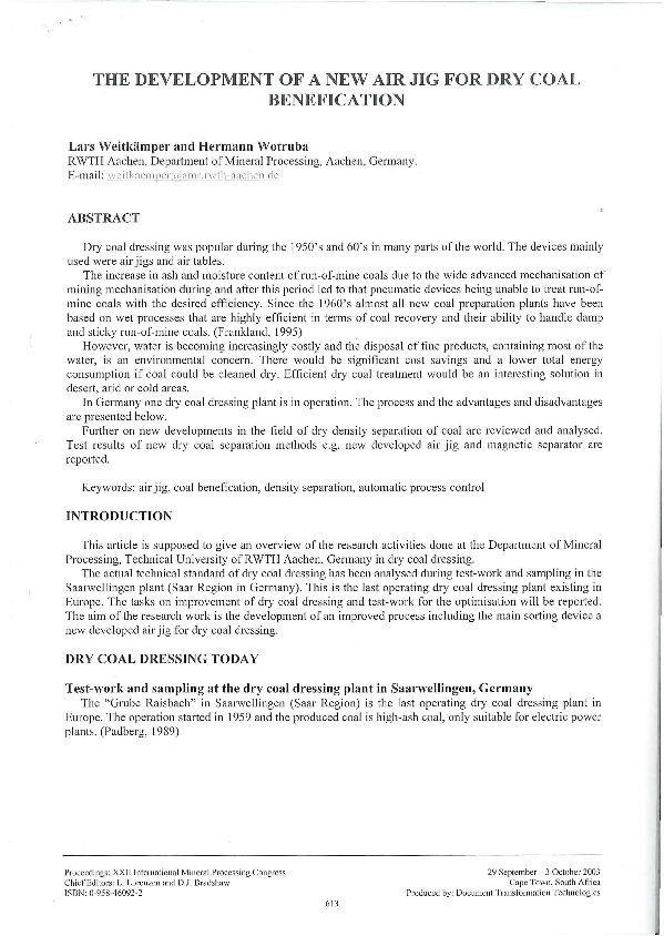 (PDF) The Development of a New Air Jig for Dry Coal Benefication