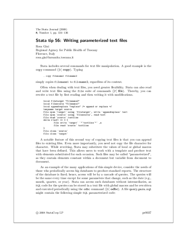 (PDF) Stata Tip 56: Writing Parameterized Text Files