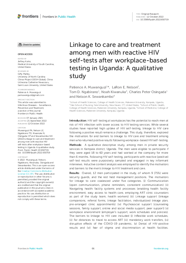 (PDF) Linkage to care and treatment among men with reactive HIV self ...