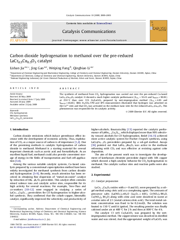 (PDF) Carbon dioxide hydrogenation to methanol over the pre-reduced ...