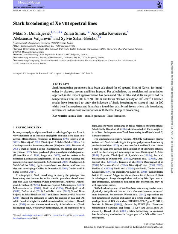 (PDF) Stark broadening of Xe viii spectral lines