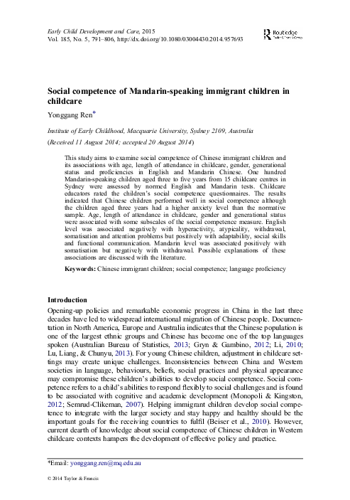 (PDF) Social competence of Mandarin-speaking immigrant children in ...