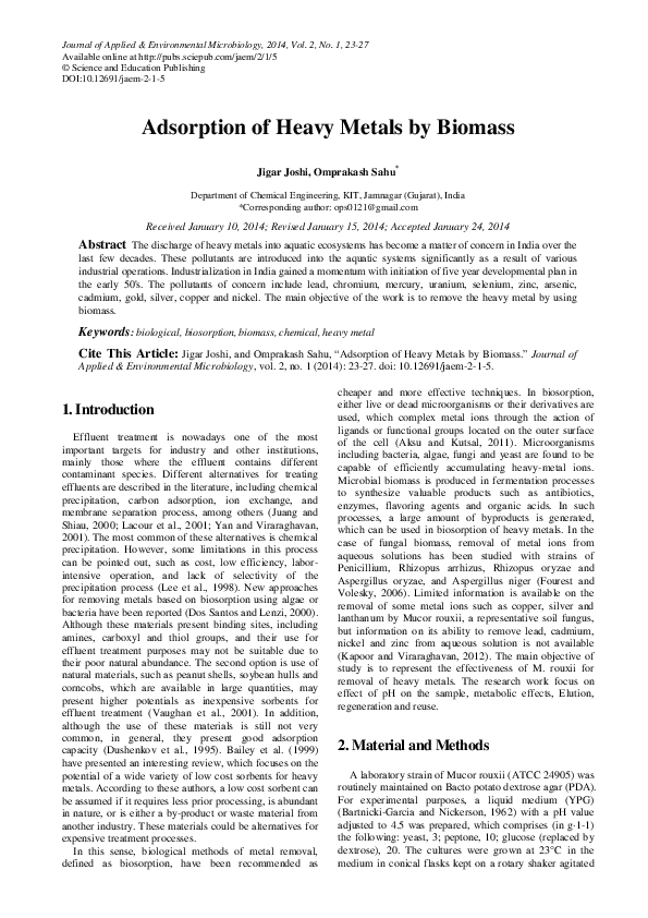 (PDF) Adsorption of Heavy Metals by Biomass