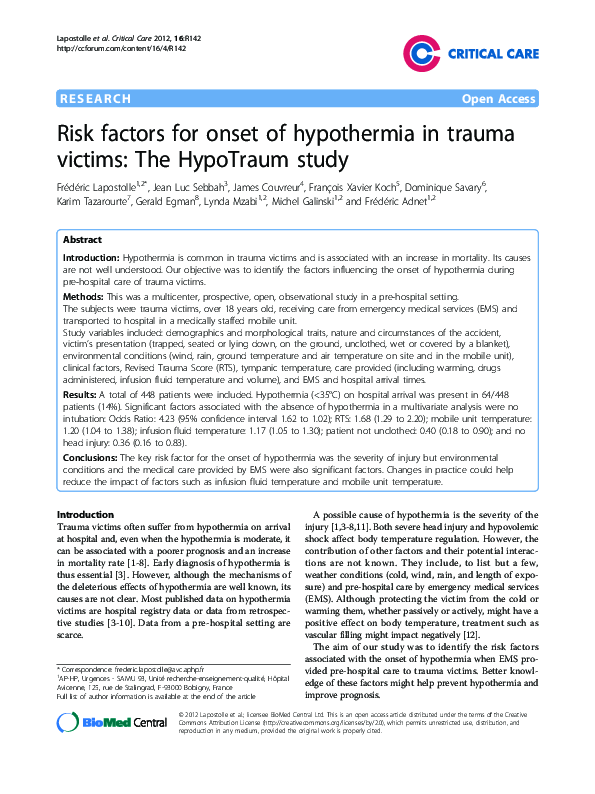 (PDF) Risk factors for onset of hypothermia in trauma victims: The ...