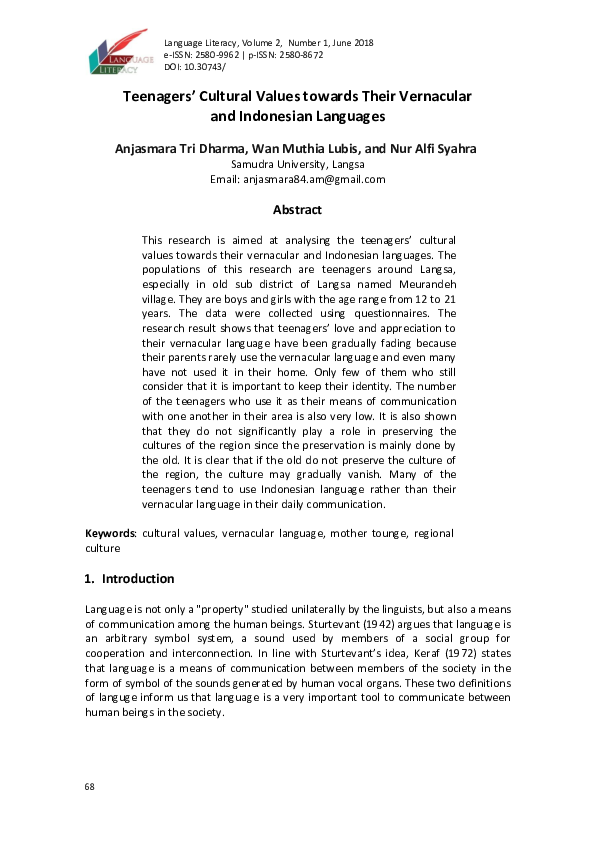 (PDF) Teenagers Cultural Values Towards Their Vernacular and Indonesian ...