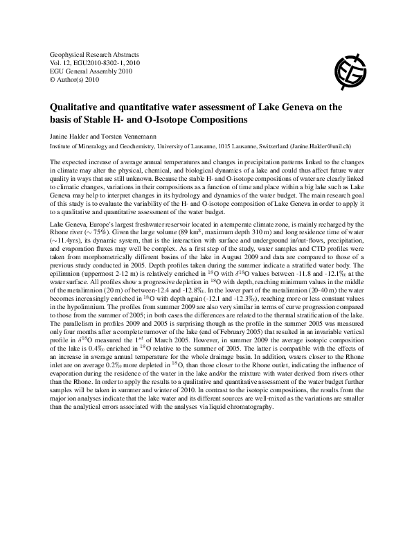 (PDF) Qualitative and quantitative water assessment of Lake Geneva on ...