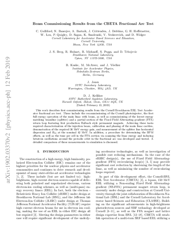 (PDF) Beam Commissioning Results from the CBETA Fractional Arc Test ...