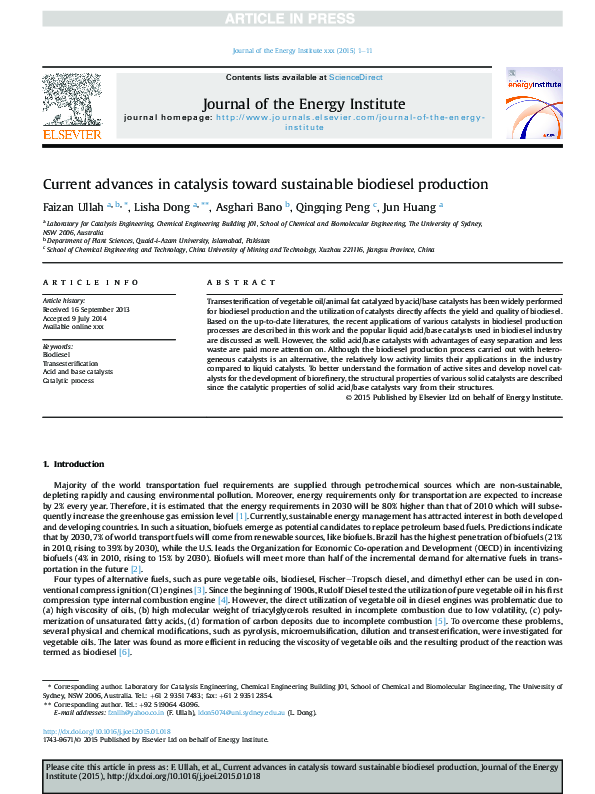 (PDF) Current advances in catalysis toward sustainable biodiesel production
