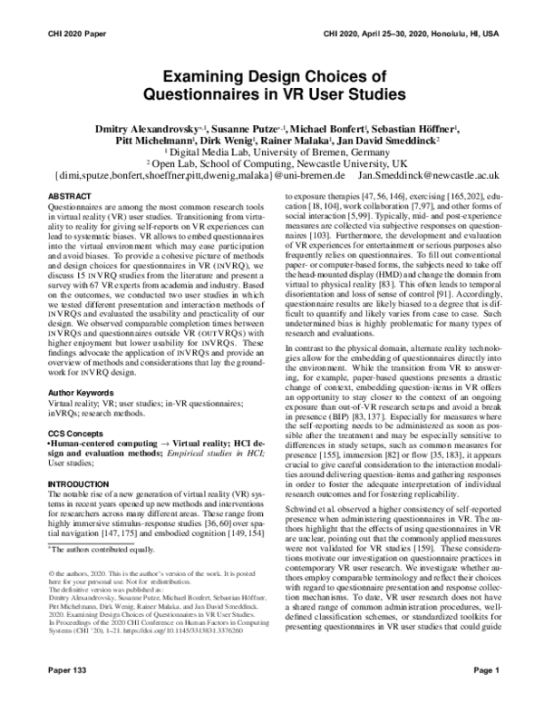 (PDF) Examining Design Choices of Questionnaires in VR User Studies