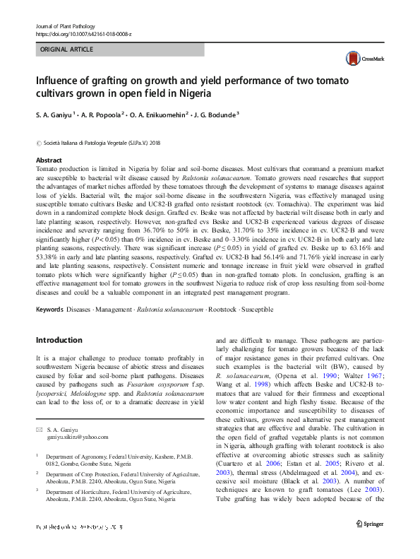 (PDF) Influence of grafting on growth and yield performance of two ...