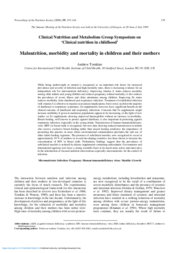 (PDF) Malnutrition, morbidity and mortality in children and their mothers