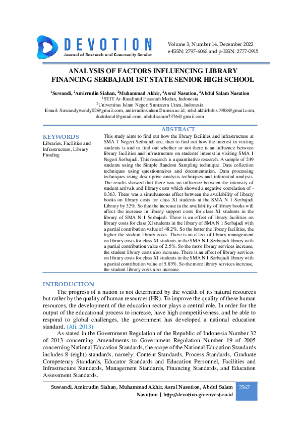 (PDF) Analysis of Factors Influencing Library Financing Serbajadi 1st ...