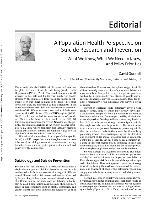 (PDF) A Population Health Perspective on Suicide Research and Prevention
