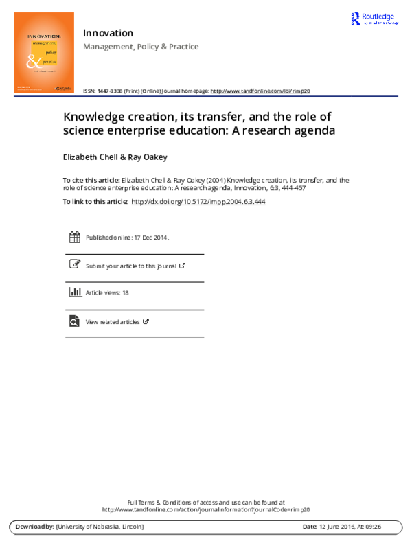(PDF) Knowledge Creation, Its Transfer, and The Role of Science ...