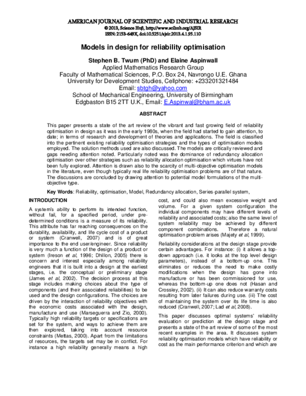 (PDF) Models in design for reliability optimisation