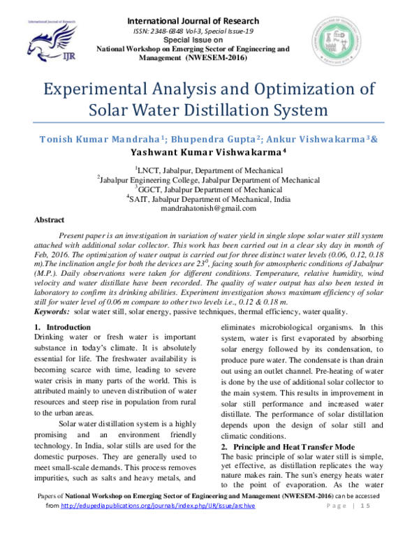 (PDF) Experimental Analysis and Optimization of Solar Water ...