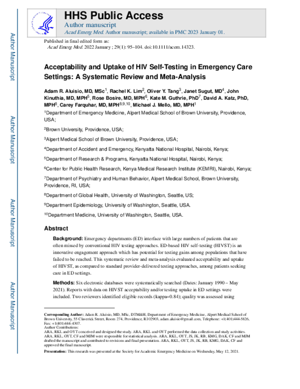 (PDF) Acceptability and uptake of HIV self‐testing in emergency care ...