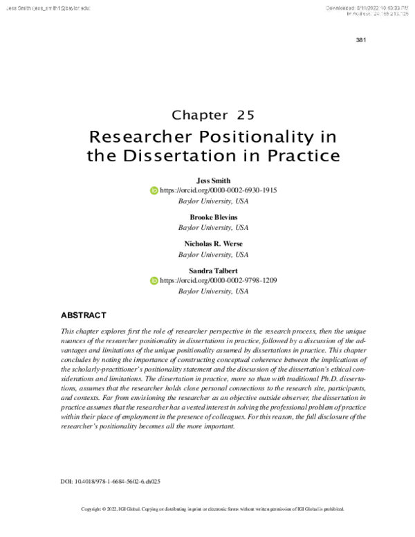 (PDF) Researcher Positionality in the Dissertation in Practice