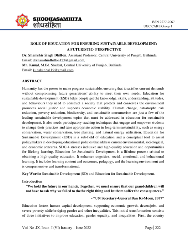 (PDF) ROLE OF EDUCATION FOR ENSURING SUSTAINABLE DEVELOPMENT: A ...
