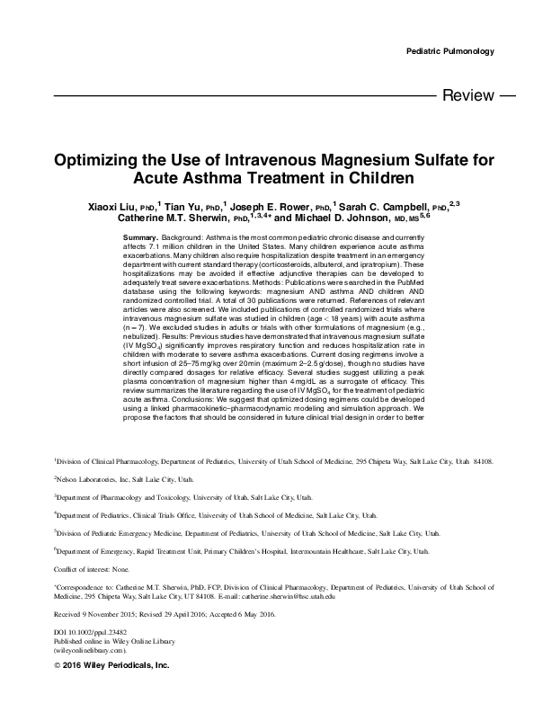 (PDF) Optimizing the use of intravenous magnesium sulfate for acute ...
