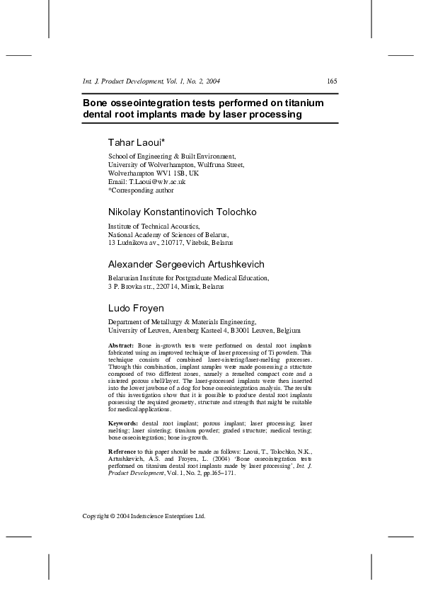 (PDF) Bone osseointegration tests performed on titanium dental root ...