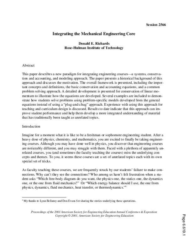 (PDF) Integrating The Mechanical Engineering Core