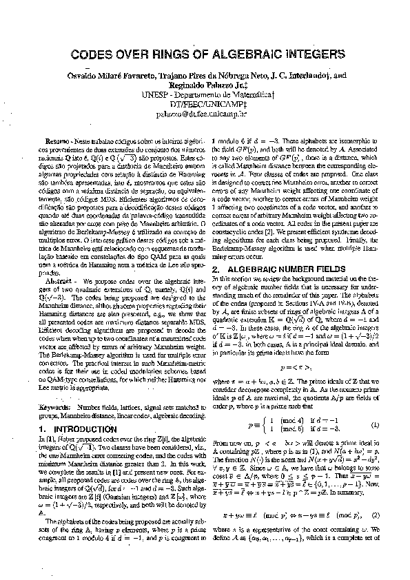 (PDF) Codes Over Rings of Algebraic Integers