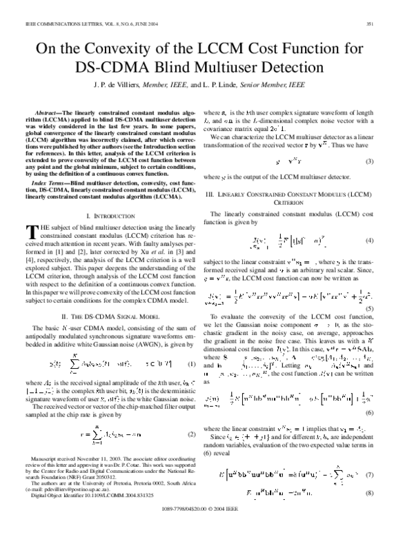 (PDF) On the Convexity of the LCCM Cost Function for DS-CDMA Blind ...