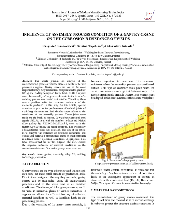 (PDF) Influence of assembly procesS condition of A gantry crane on the ...