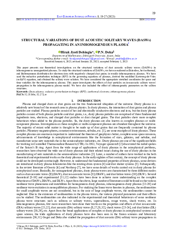 (PDF) STRUCTURAL VARIATIONS OF DUST ACOUSTIC SOLITARY WAVES (DASWs ...