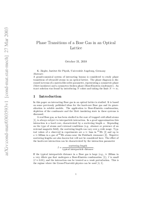 (PDF) Phase transitions of a Bose gas in an optical lattice