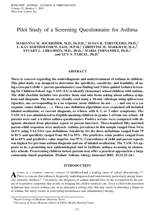 (PDF) Pilot Study of a Screening Questionnaire for Asthma