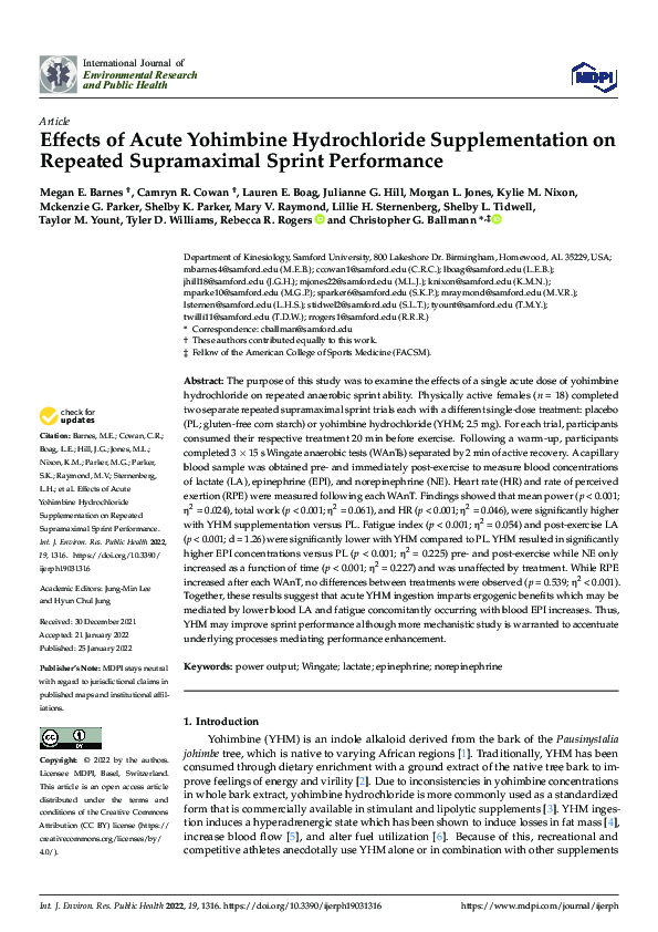 Effects of Acute Yohimbine Hydrochloride Supplementation on Repeated Supramaximal Sprint Performance