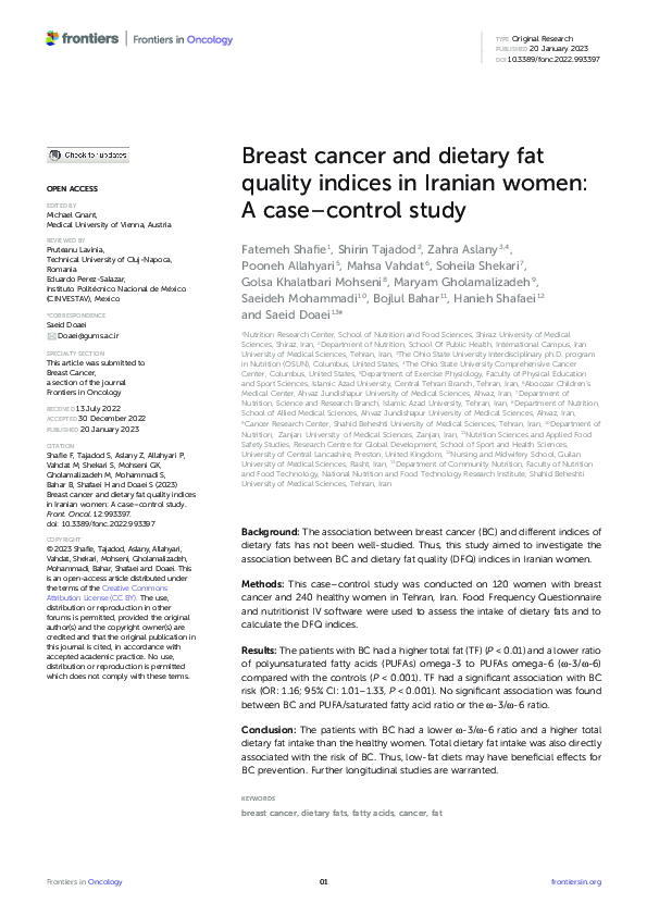 (PDF) Breast cancer and dietary fat quality indices in Iranian women A