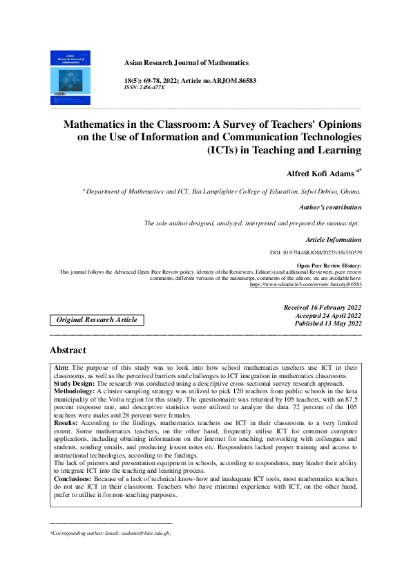 (PDF) Mathematics in the Classroom: A Survey of Teachers' Opinions on ...