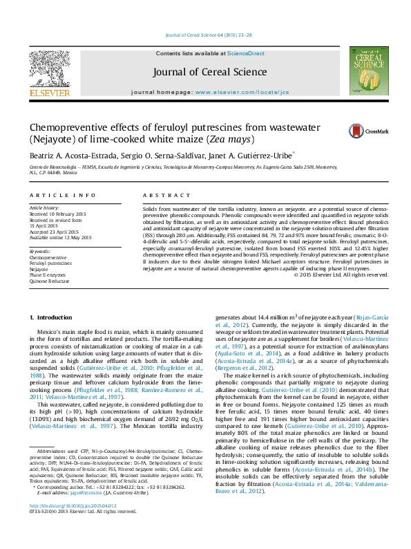 (PDF) Chemopreventive effects of feruloyl putrescines from wastewater ...