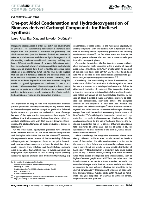 (PDF) One-pot Aldol Condensation and Hydrodeoxygenation of Biomass ...