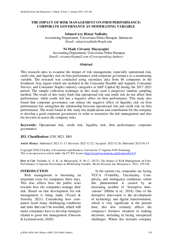 (PDF) The Impact of Risk Management on Firm Performance: Corporate ...