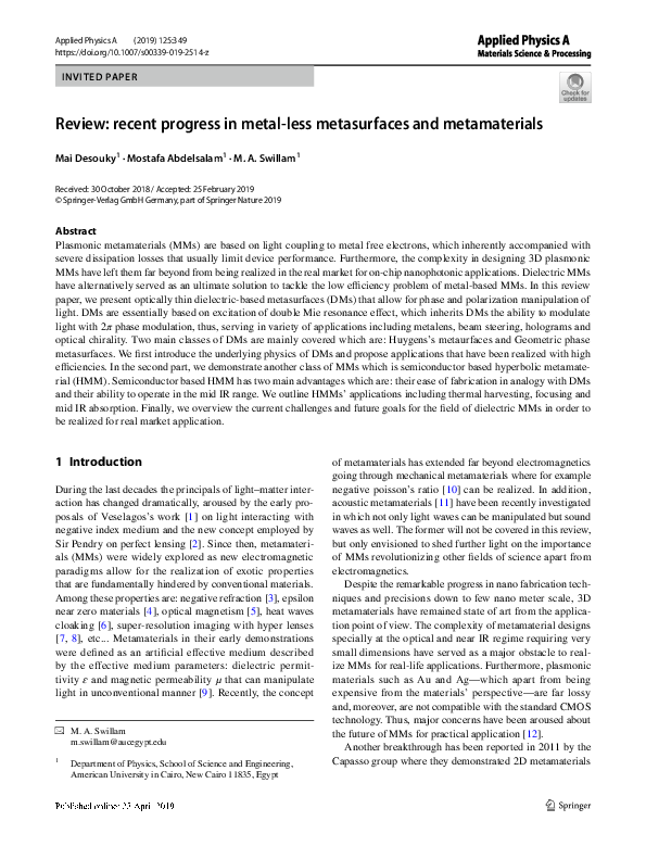 (PDF) Review: recent progress in metal-less metasurfaces and metamaterials
