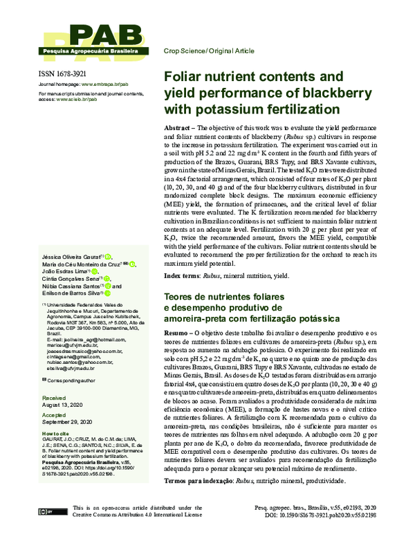 (PDF) Foliar nutrient contents and yield performance of blackberry with potassium fertilization