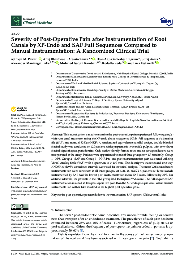 (PDF) Severity of Post-Operative Pain after Instrumentation of Root ...