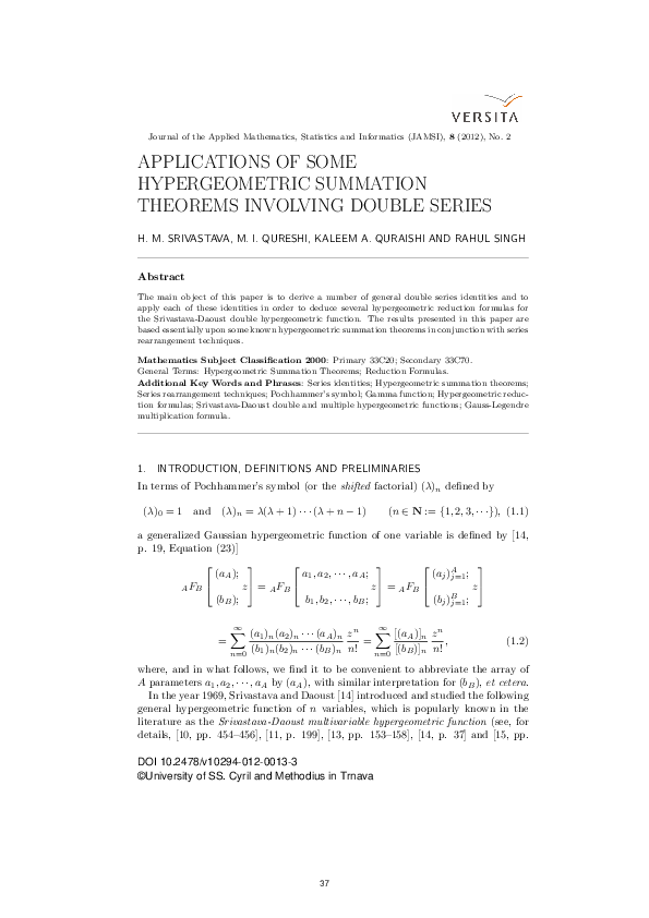 (PDF) Applications of Some Hypergeometric Summation Theorems Involving ...